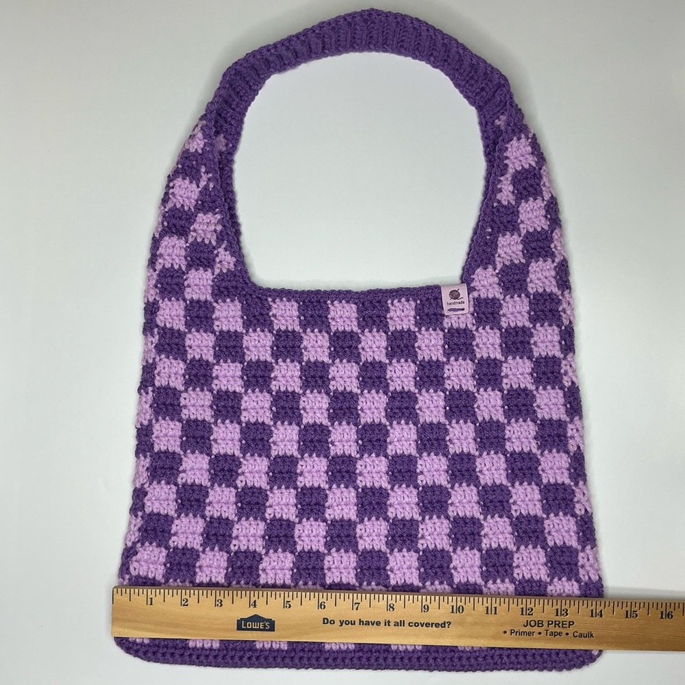 Handmade Amethyst & Soft Purple Checker Checkerboard Crochet Shoulder Tote Bag - Picture 3 of 16